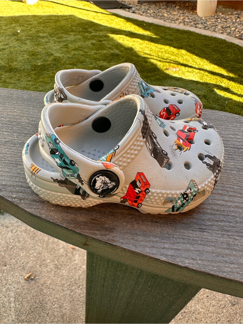 Baby Crocs Kids gray Slip-On Clogs with Colorful Truck Print C4